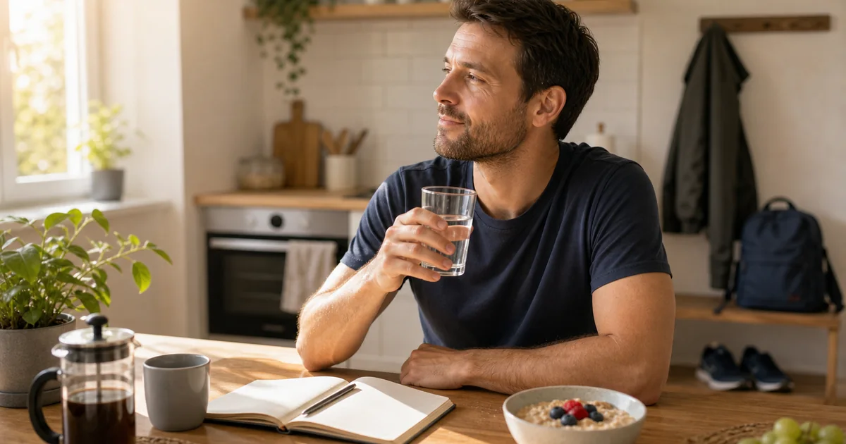Homme prenant calmement un verre d’eau dans une cuisine organisée au réveil