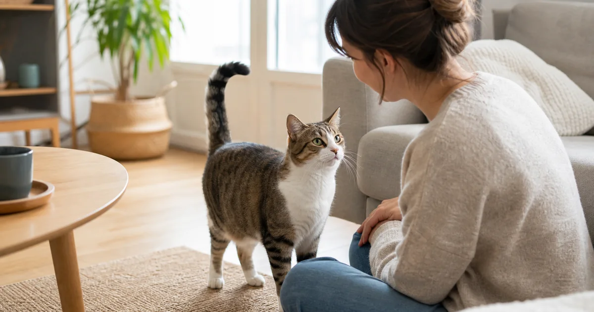 Chat attentif face à sa propriétaire dans un salon lumineux