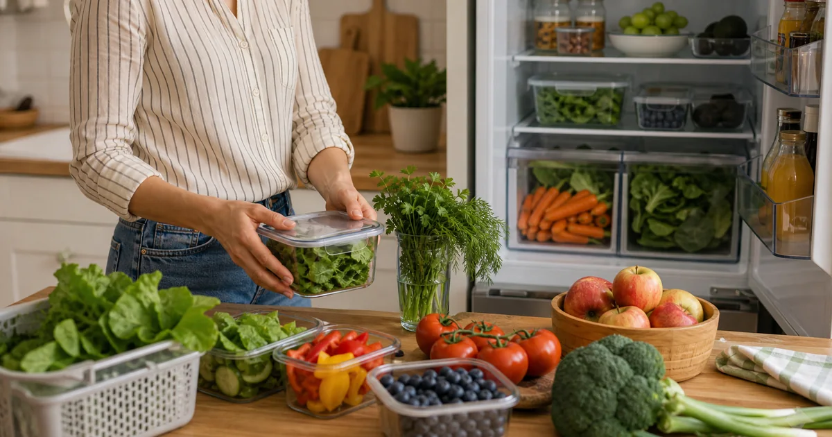 Fruits, légumes et herbes aromatiques rangés entre le réfrigérateur et le plan de travail