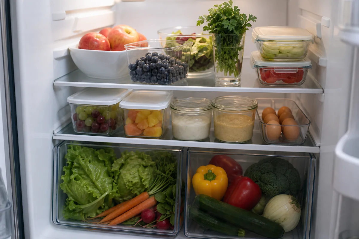 Fruits, légumes et herbes rangés dans les différentes zones d'un réfrigérateur