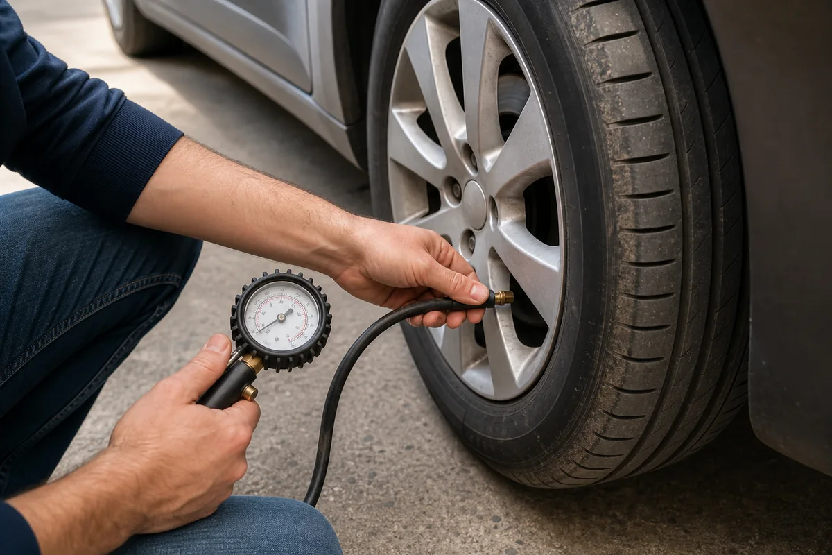 Contrôle de la pression d'un pneu de voiture avec un manomètre portatif