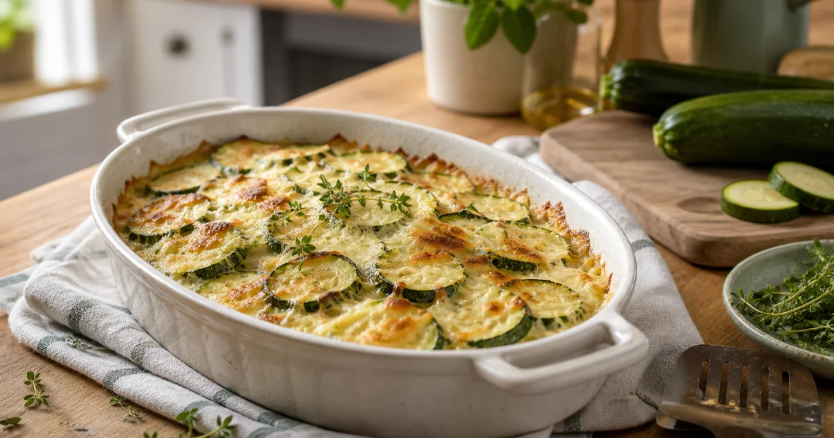 Gratin de courgettes doré dans un plat familial posé sur une table de cuisine