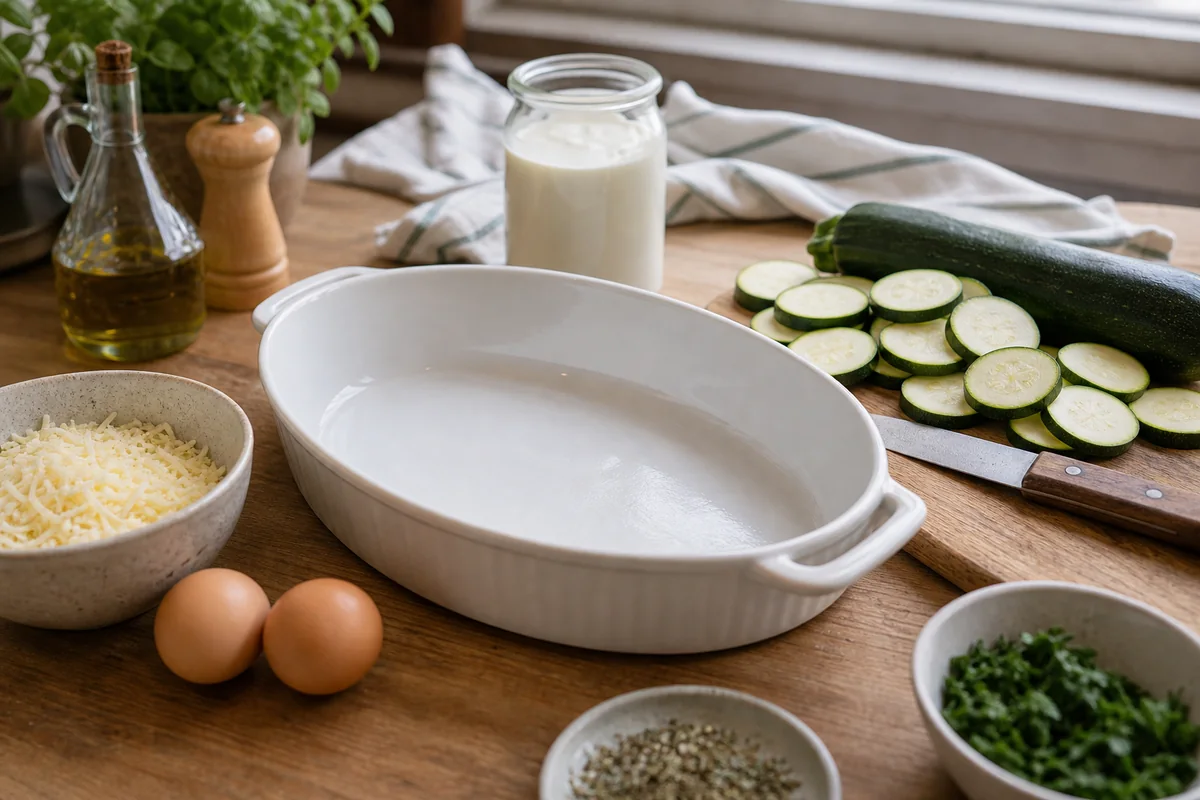 Ingrédients d'un gratin de courgettes disposés autour d'un plat avant la préparation