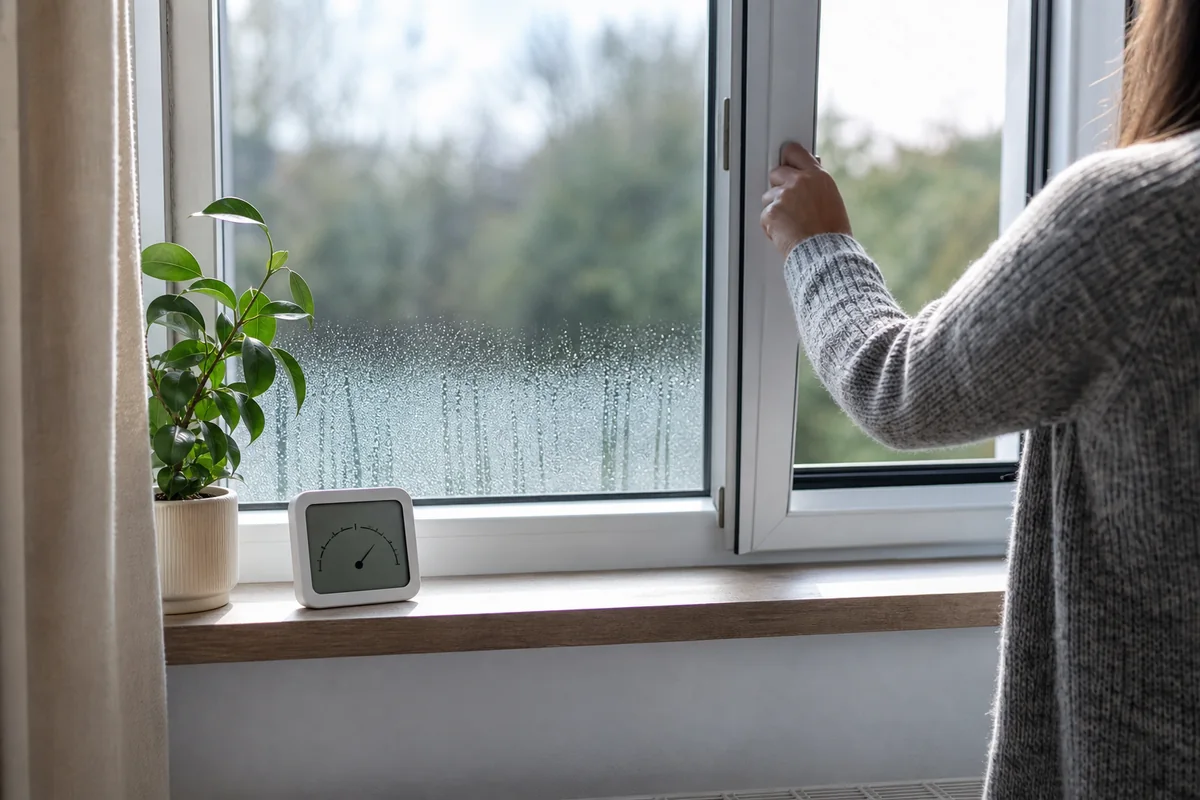 Fenêtre couverte de condensation ouverte pour aérer une pièce humide