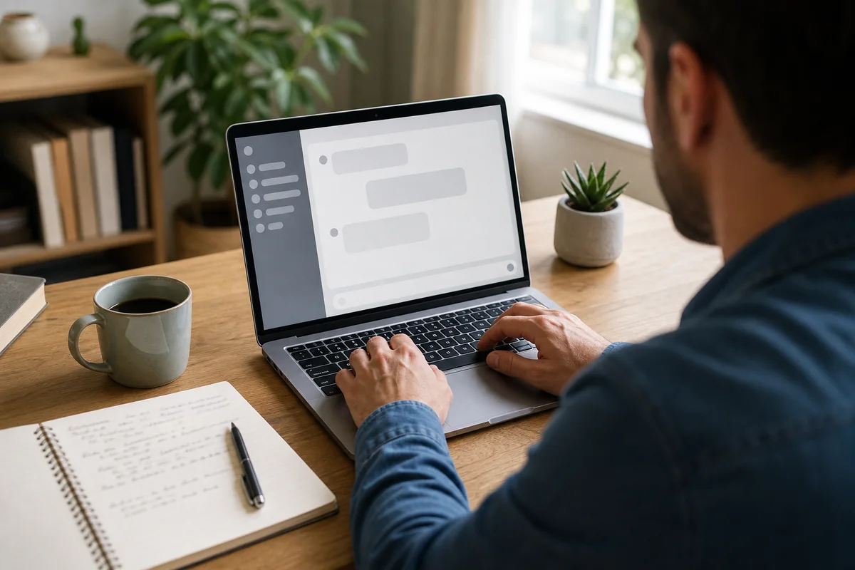 Personne formulant une demande à un assistant d'intelligence artificielle sur un ordinateur portable