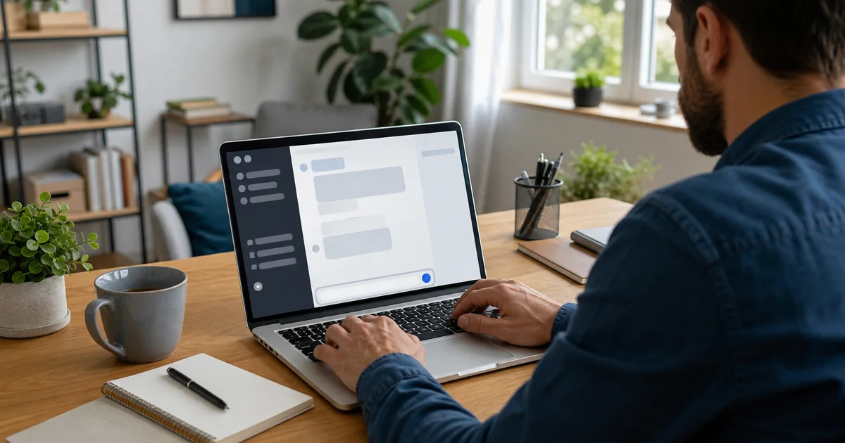 Homme utilisant un assistant d'intelligence artificielle sur son ordinateur portable à domicile