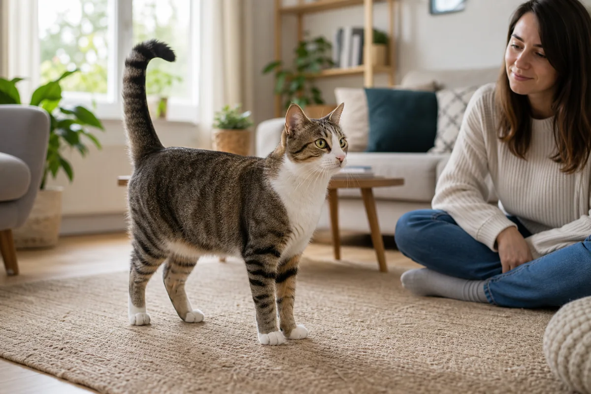 Chat détendu avec la queue relevée et les oreilles tournées vers l'avant près de sa propriétaire