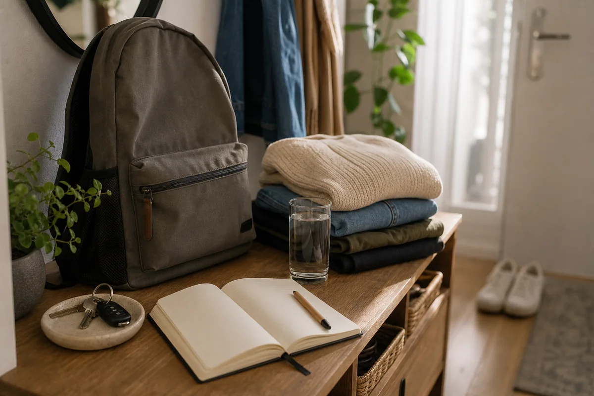 Vêtements, sac, clés, verre d'eau et carnet préparés pour un matin plus calme