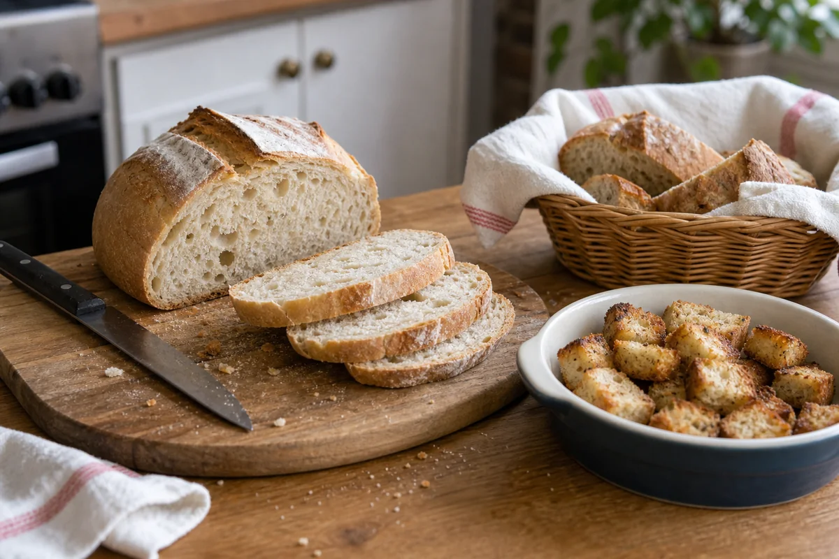 Pain de campagne rassis tranché et croûtons préparés dans une cuisine