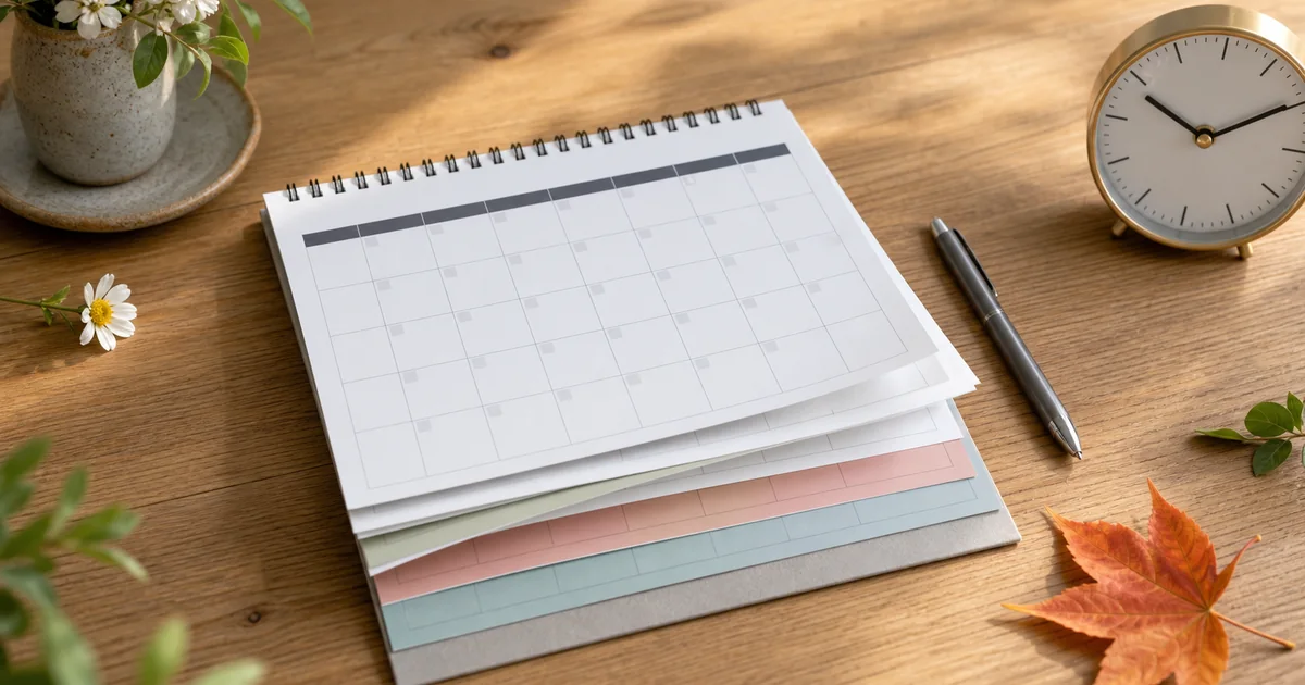 Calendrier papier ouvert avec plusieurs pages mensuelles, un stylo et une horloge