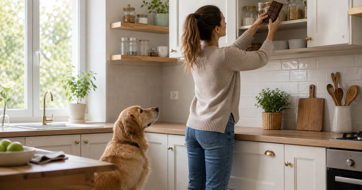 Propriétaire rangeant du chocolat hors de portée de son chien dans une cuisine