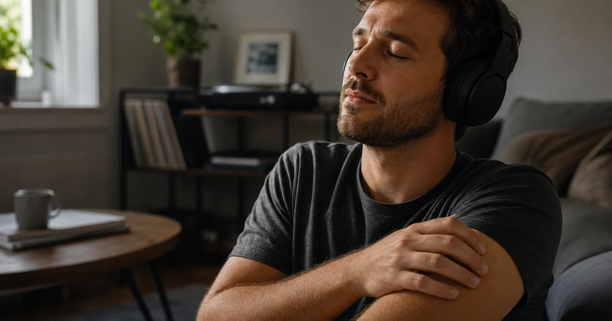 Homme ému écoutant de la musique au casque dans son salon