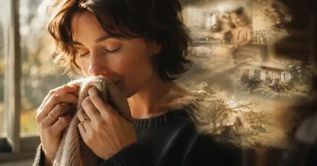 Femme respirant une étoffe parfumée pendant que des souvenirs d'enfance apparaissent dans une lumière dorée