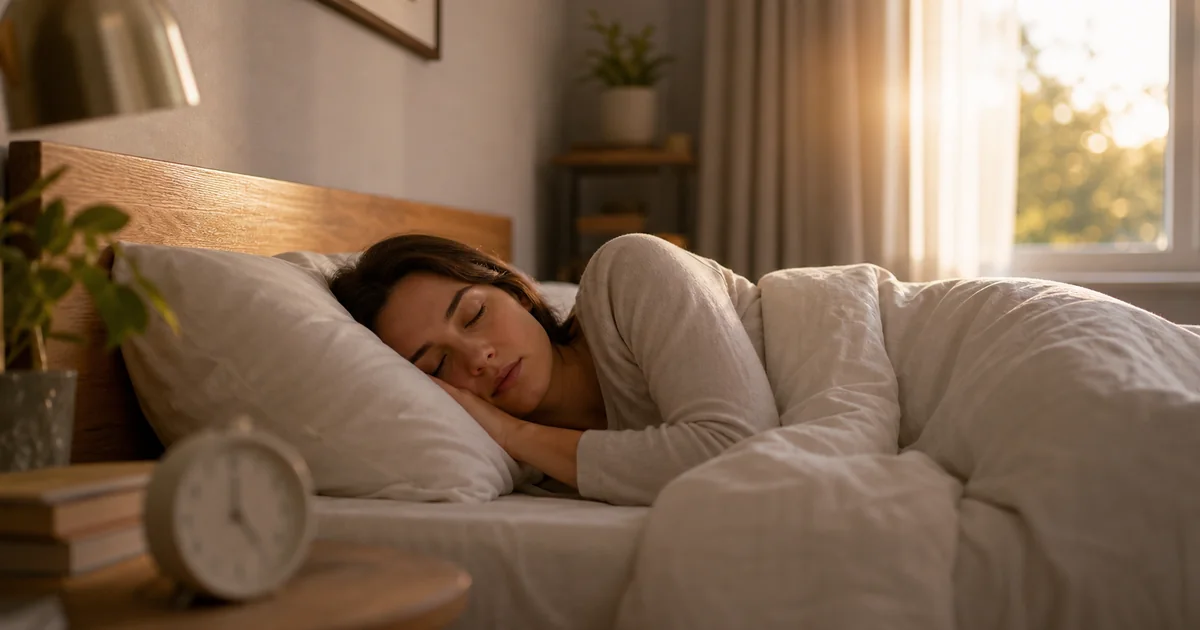 Femme dormant paisiblement dans une chambre éclairée par la lumière du matin