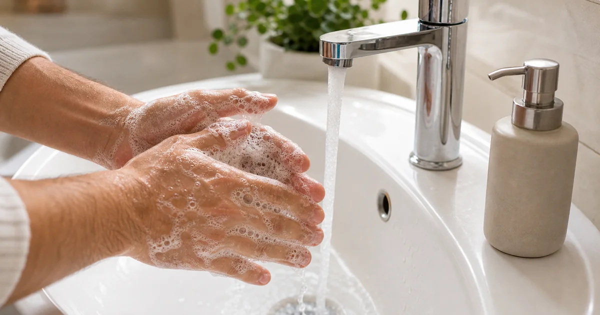 Mains lavées avec du savon et de l’eau courante dans un lavabo