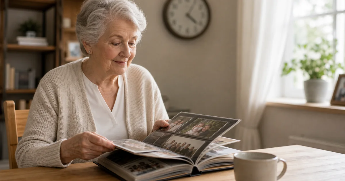 Femme âgée feuilletant un album de famille près d’une horloge