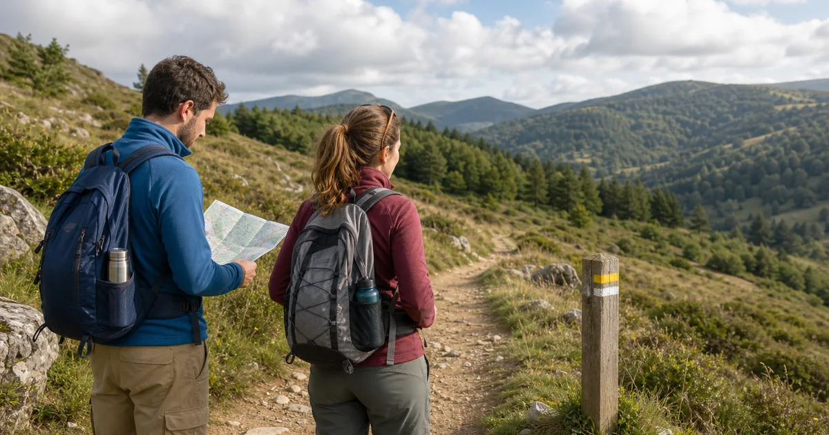 Deux randonneurs consultant une carte près d'un sentier balisé en moyenne montagne