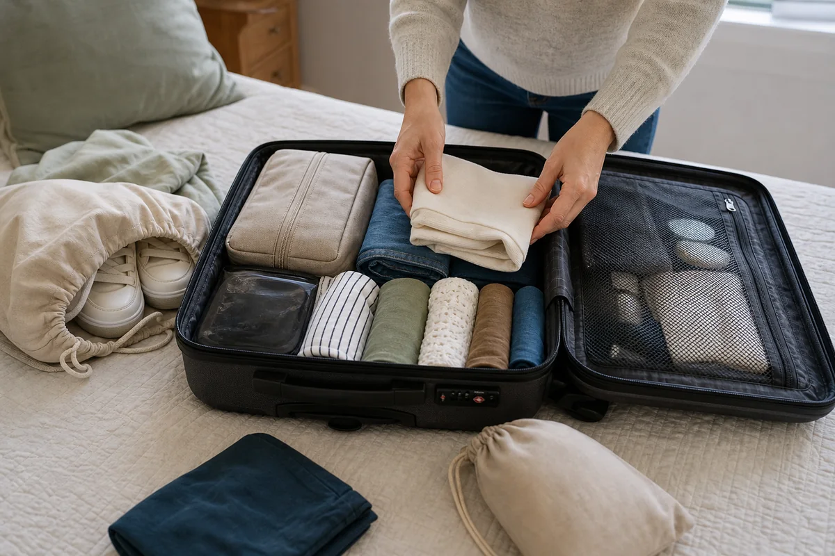 Vêtements pliés et roulés rangés dans une valise ouverte avec une trousse de toilette