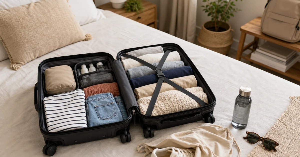 Valise ouverte et organisée avec vêtements roulés, trousse de toilette et accessoires de voyage