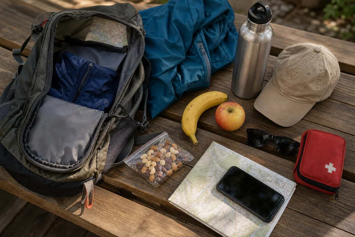 Matériel essentiel préparé autour d'un sac à dos pour une randonnée à la journée