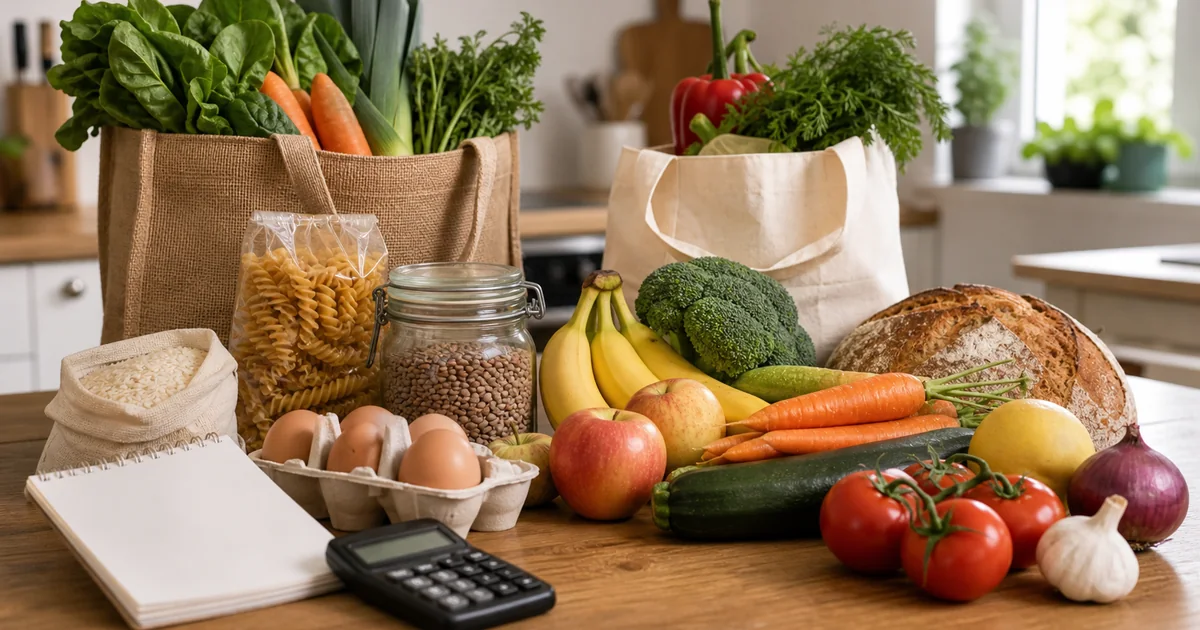 Courses alimentaires économiques avec légumes, fruits, œufs, féculents et liste de courses