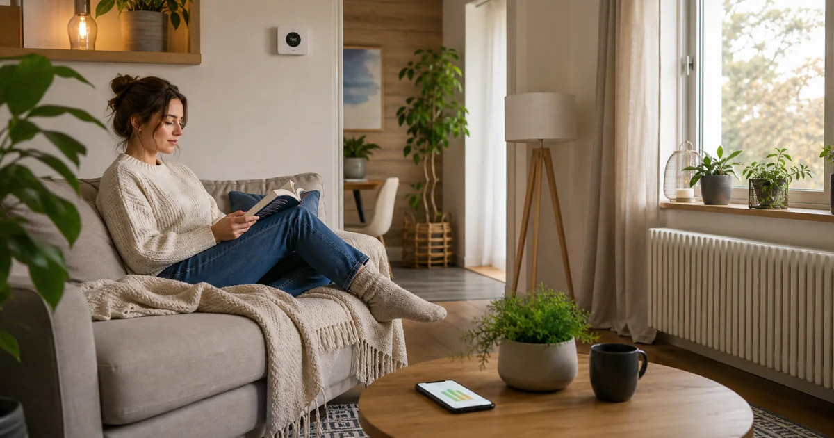Femme lisant dans un salon confortable avec thermostat, radiateur et suivi de consommation électrique