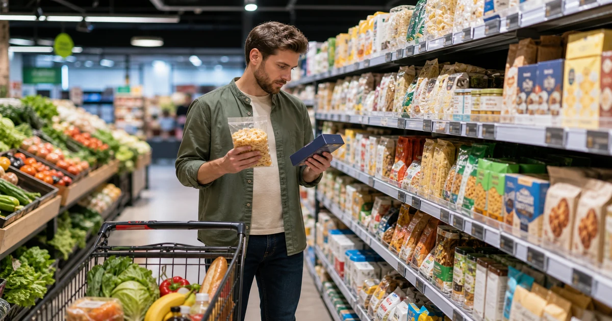 Client comparant des produits emballes au supermarche pour reperer les aliments ultra-transformes