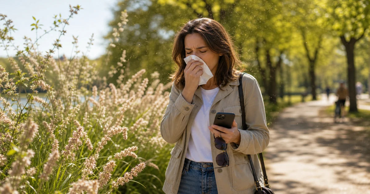 Personne allergique utilisant un mouchoir pres de graminees en fleurs pendant la saison des pollens