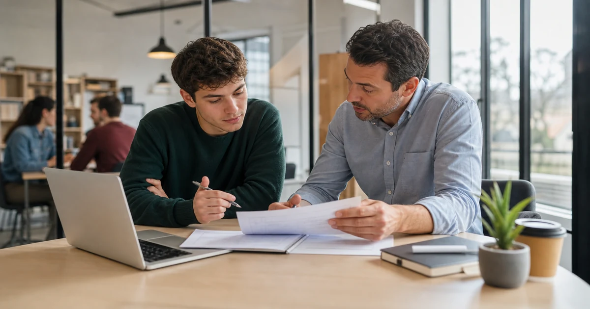 Jeune apprenti echangeant avec un mentor autour de documents dans un bureau lumineux