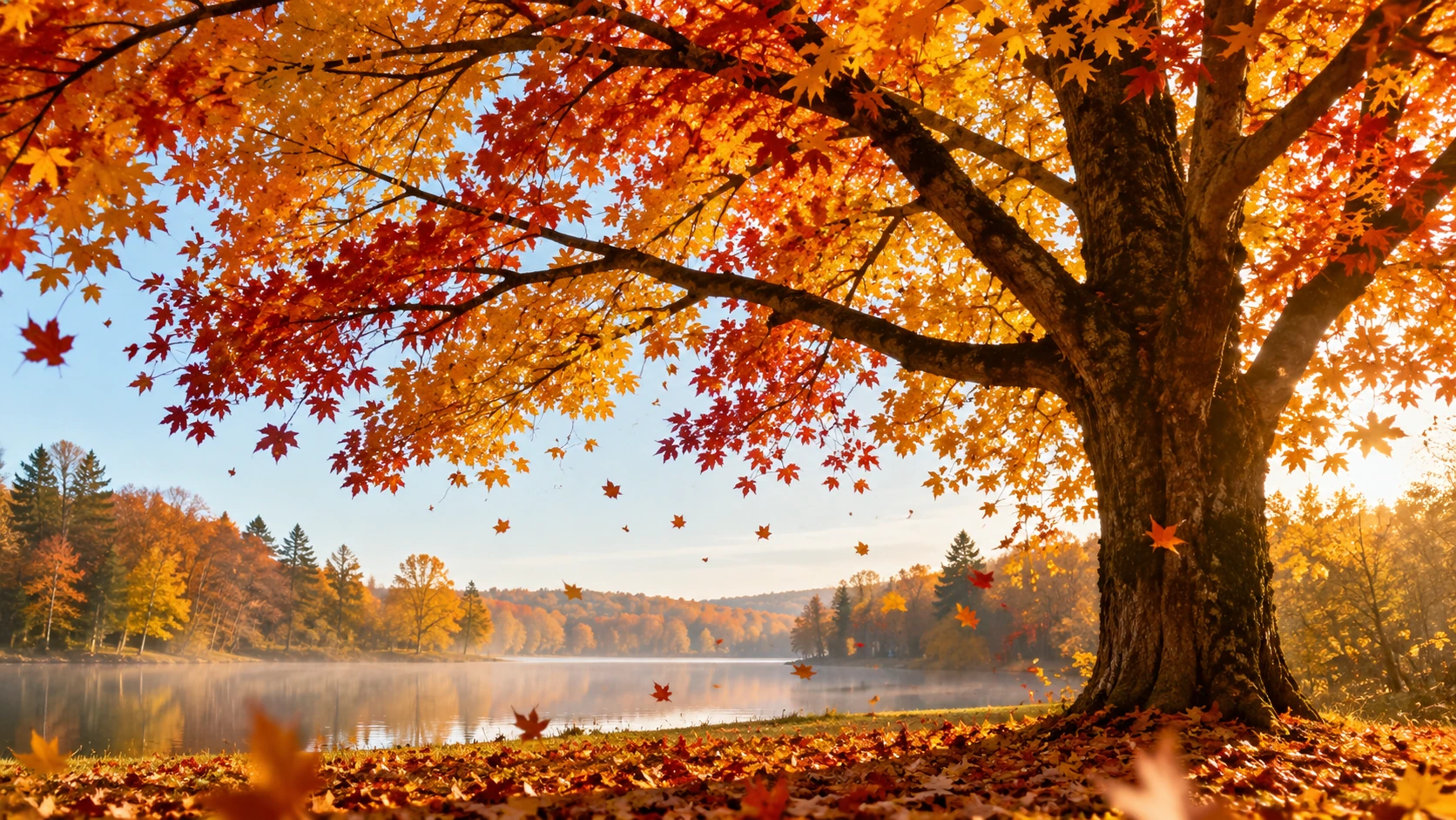Arbre aux feuilles jaunes et rouges qui tombent en automne