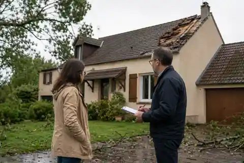 Expert d'assurance et propriétaire devant une maison après un épisode de tempête