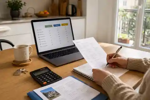 Personne comparant des contrats d'assurance habitation avec ordinateur, documents et calculatrice