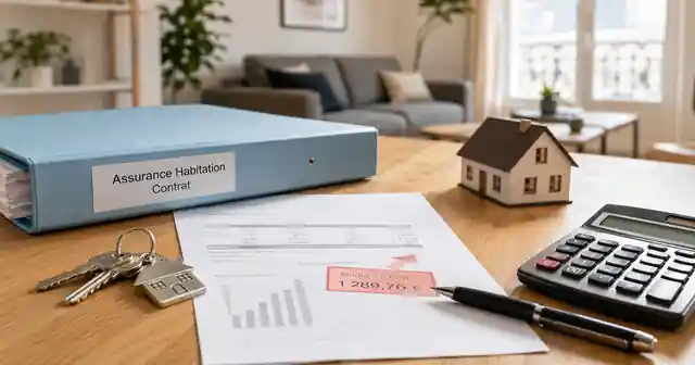 Contrat d'assurance habitation, clés, calculatrice et facture en hausse sur une table de salon