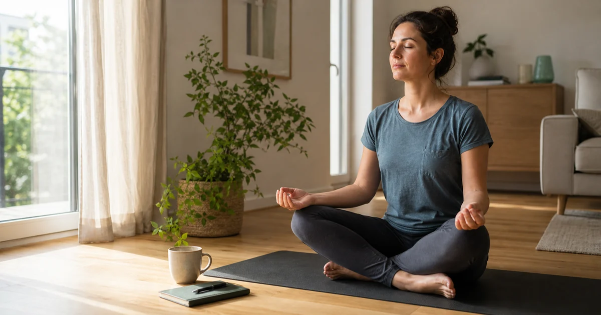 Femme méditant assise sur un tapis dans un salon lumineux avec une tasse et un carnet posés près d'elle