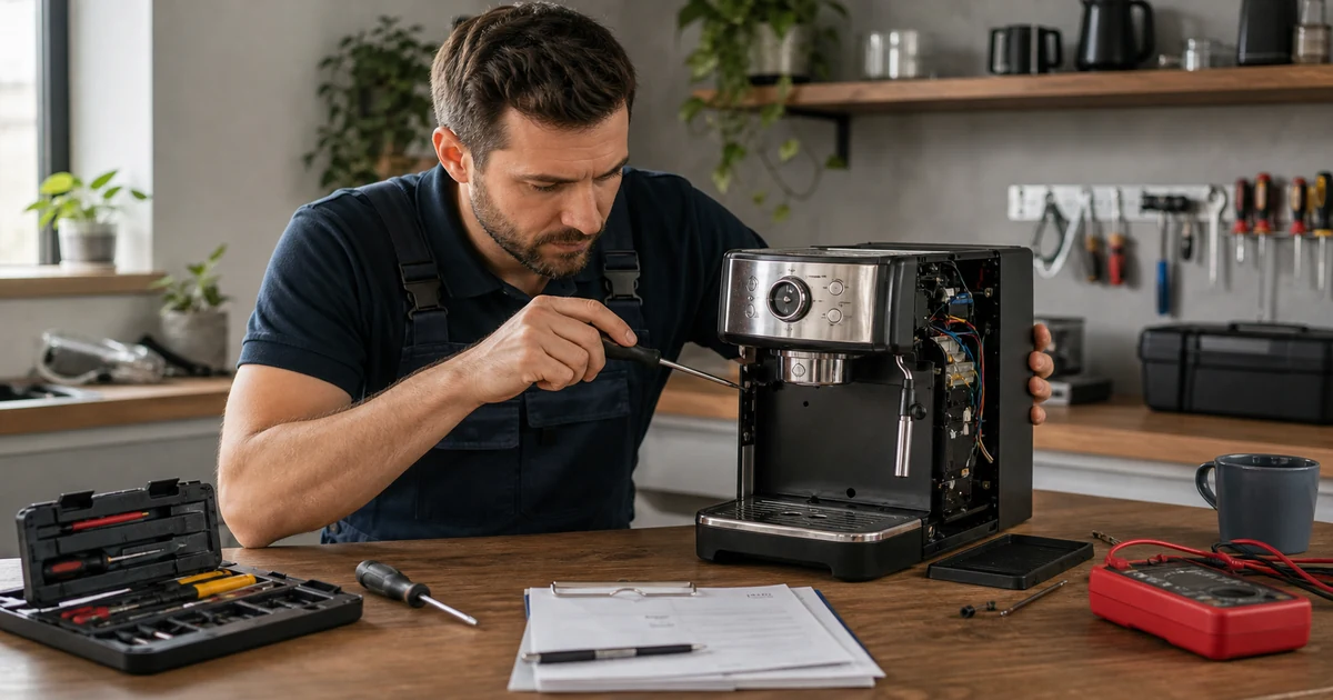 Technicien reparant un petit appareil electromenager avec des outils sur un plan de travail