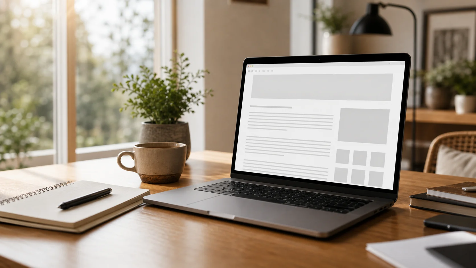 Bureau lumineux avec ordinateur ouvert, carnet et tasse pour préparer un article de blog