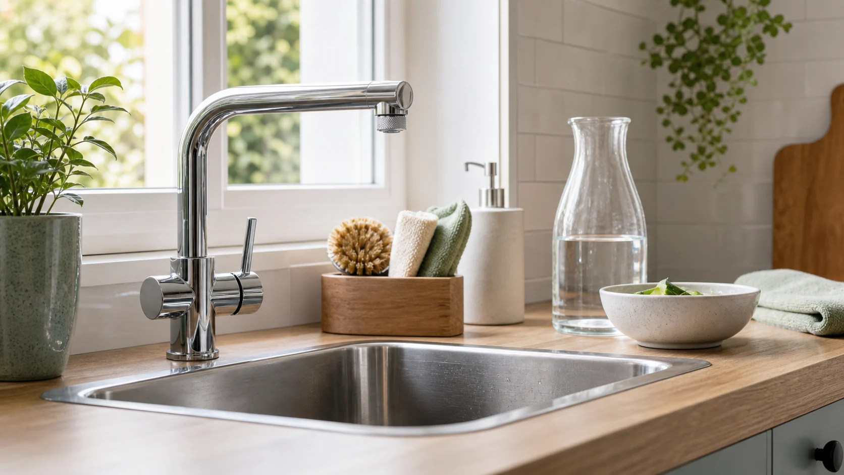 Évier de cuisine lumineux avec robinet, carafe et accessoires pour économiser l’eau à la maison