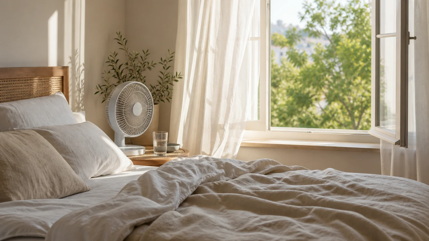 Chambre d’été aérée avec linge léger, ventilateur et fenêtre ouverte pour mieux dormir quand il fait chaud