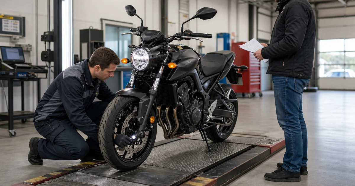 Moto contrôlée dans un centre de contrôle technique avec un technicien qui inspecte la roue avant