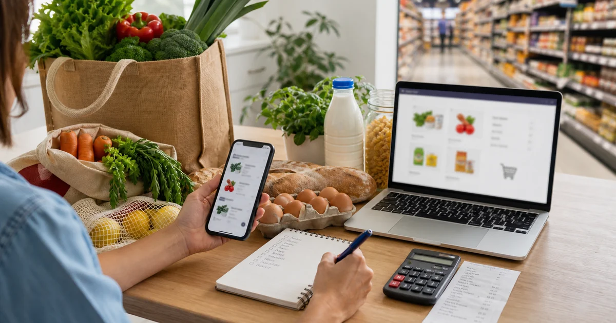 Courses alimentaires avec panier de légumes, ordinateur, téléphone et calculatrice pour comparer courses en ligne et supermarché