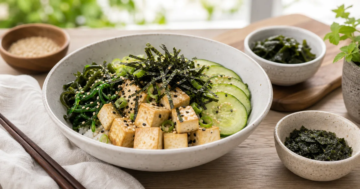 Bol de riz aux algues nori et wakamé avec tofu, concombre, graines de sésame et algues séchées