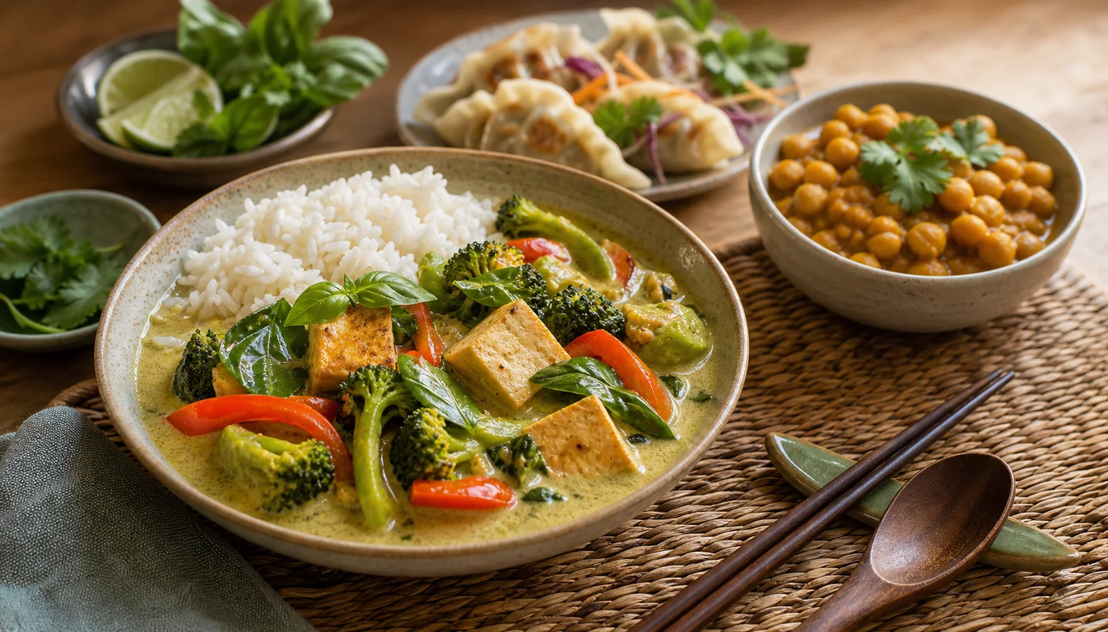 Curry vert végétarien au tofu avec riz, légumes, pois chiches et raviolis aux légumes