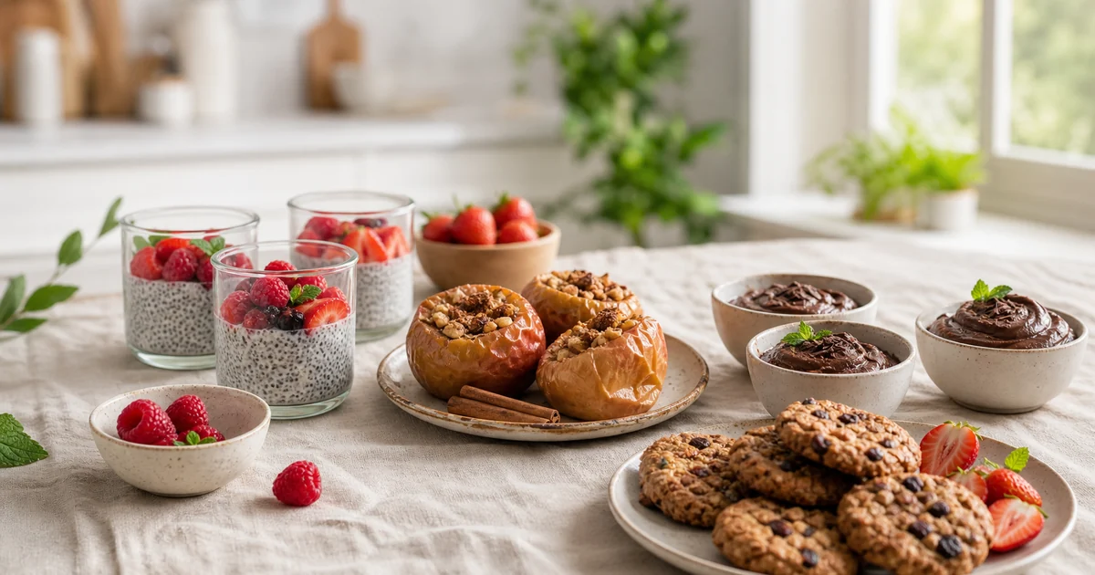Assortiment de desserts sans sucre ajouté avec verrines de chia aux fruits rouges, pommes rôties, mousse au chocolat et biscuits maison