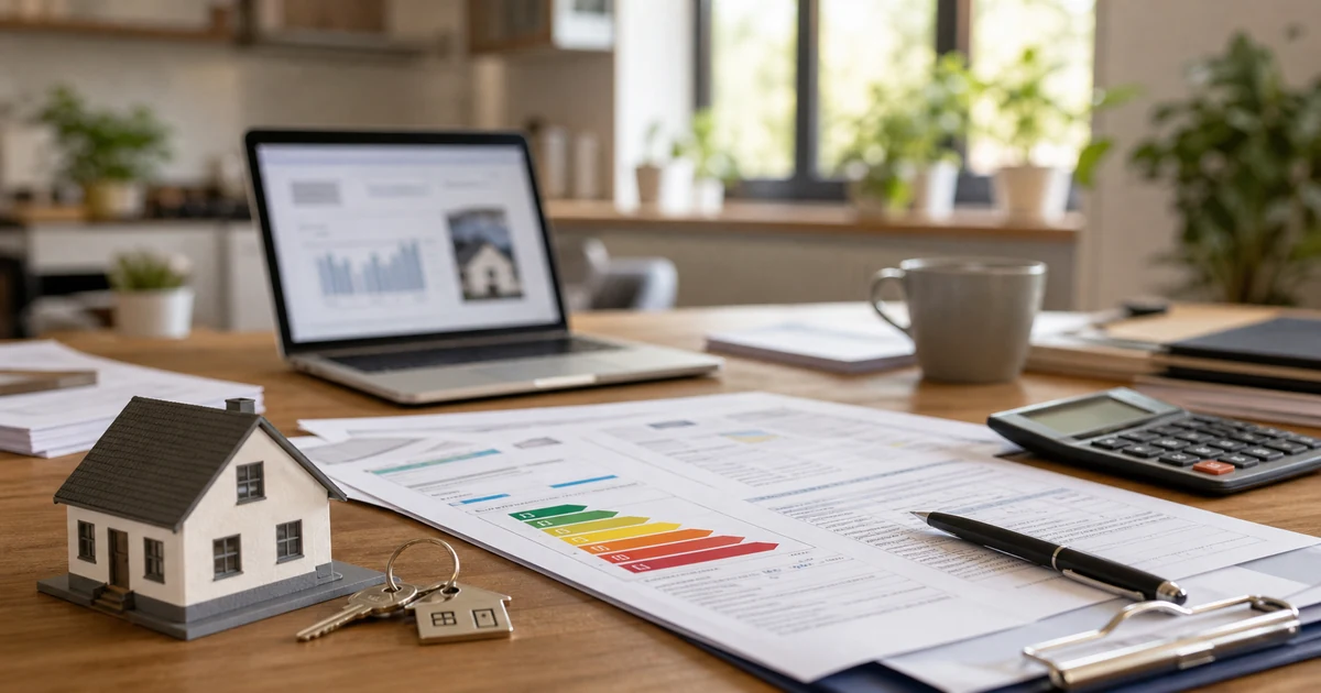 Rapport de performance energetique, cles de maison et calculatrice sur une table