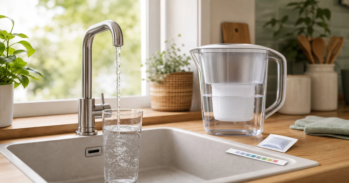 Verre rempli au robinet dans une cuisine claire pour verifier la qualite de l eau