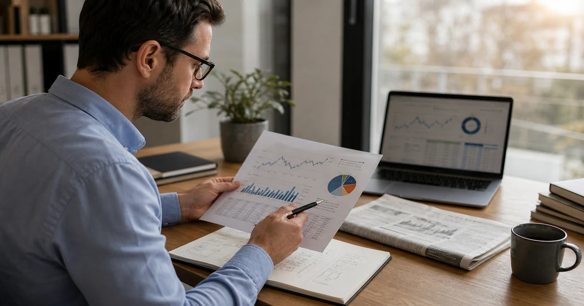 Personne etudiant des graphiques economiques floutes sur un bureau lumineux