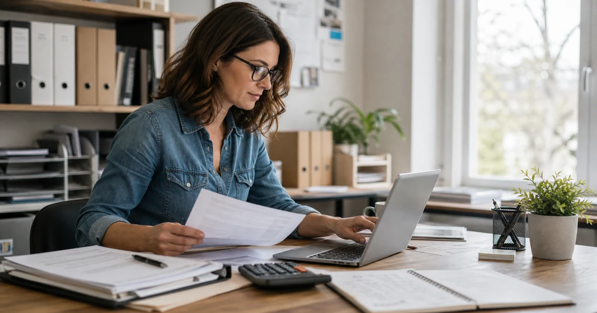 Entrepreneuse consultant des factures numeriques floutees sur un ordinateur de bureau