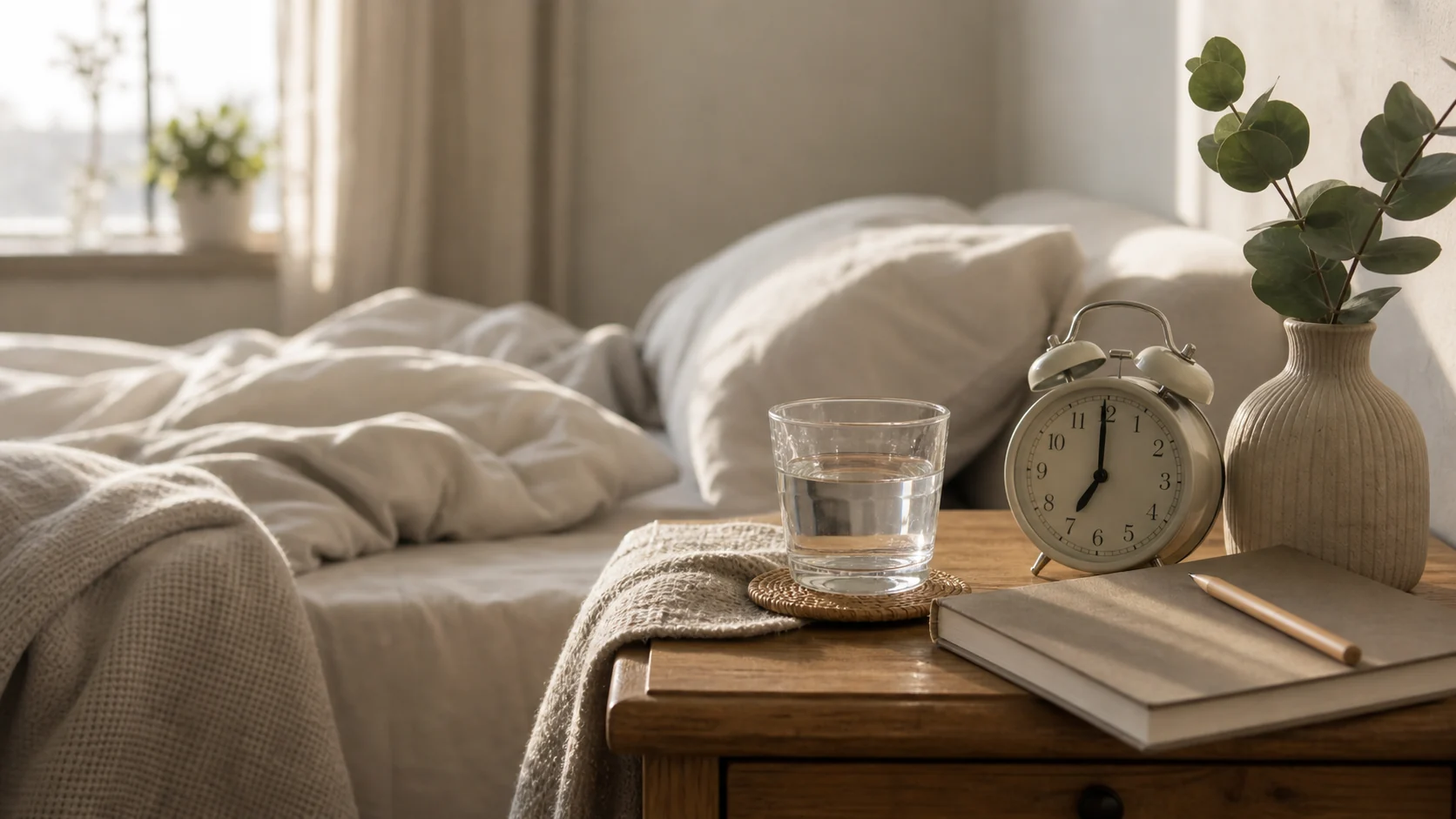 Table de nuit avec verre d’eau, réveil et lit défait illustrant une fatigue persistante au réveil