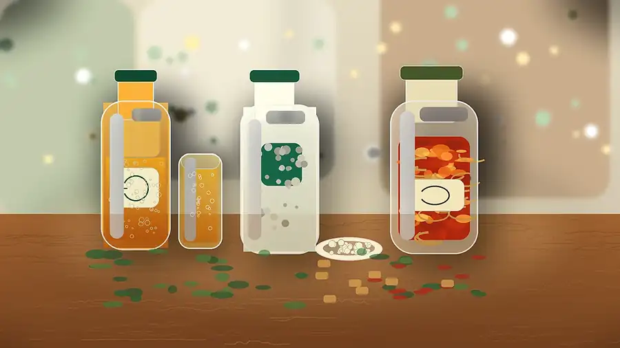 Photo réaliste de kombucha, kéfir et kimchi faits maison sur une table de cuisine