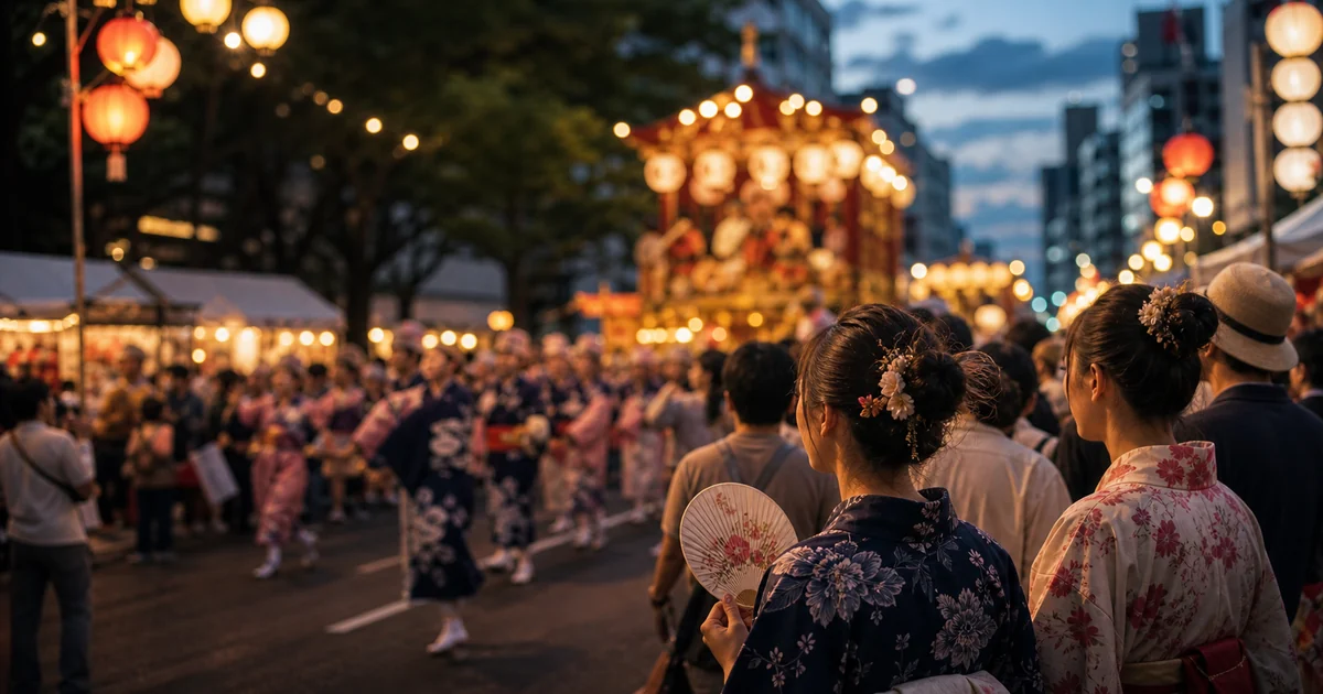 Rue illuminée par des lanternes lors d'un festival culturel asiatique avec foule, tenues traditionnelles et parade au crépuscule